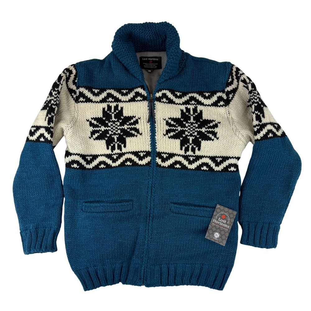 Lost Horizons Cardigan Womens S/M Blue Wool Fleece Lined Fair Isle Zip Sweater